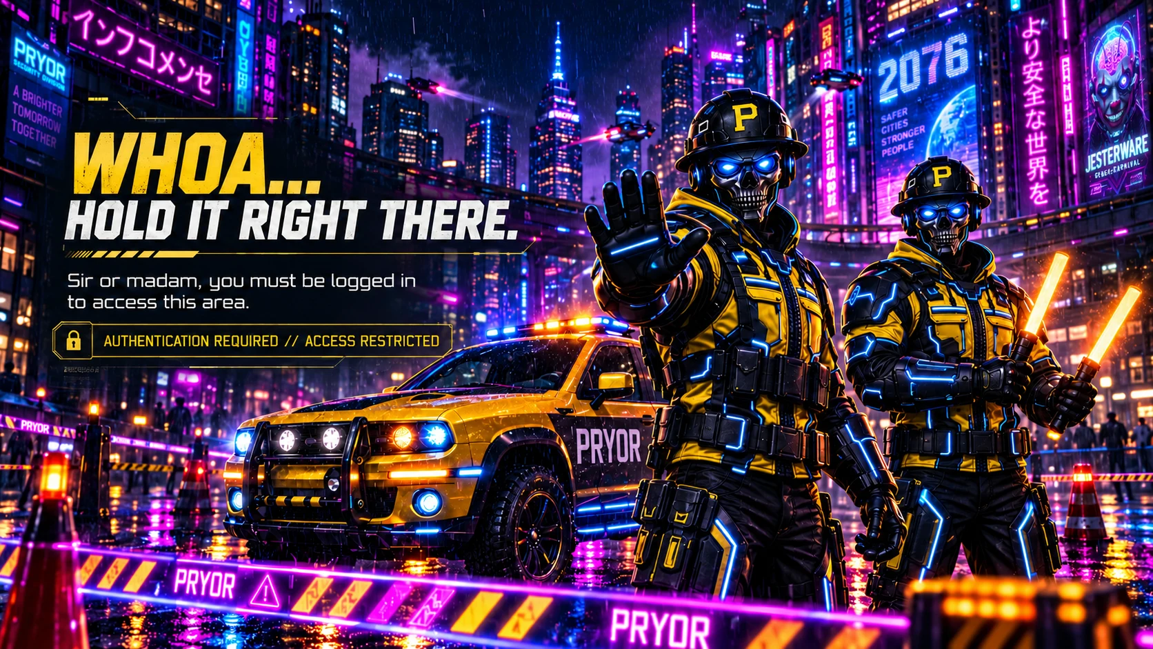 PiXELBURGH access officers stopping an unauthenticated visitor